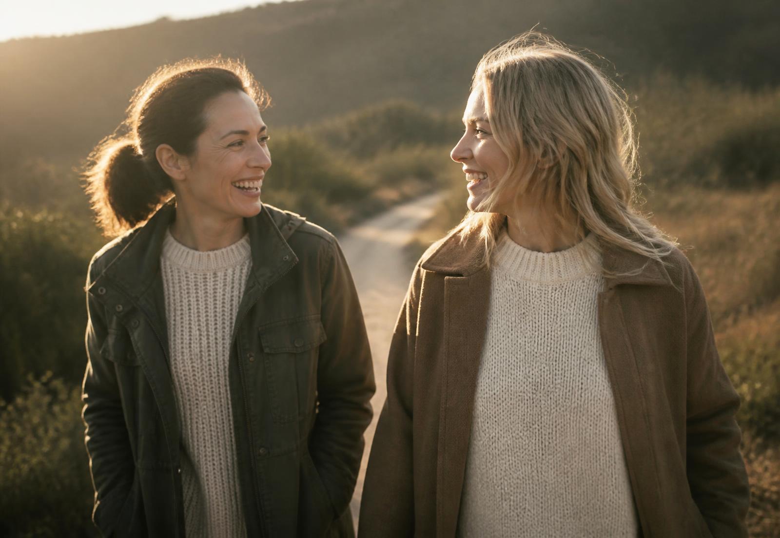 Two people laughing together on a morning walk