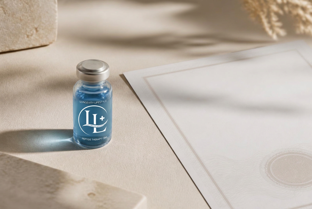 A branded Longevity Lifestyle peptide vial beside its certificate of analysis in soft daylight